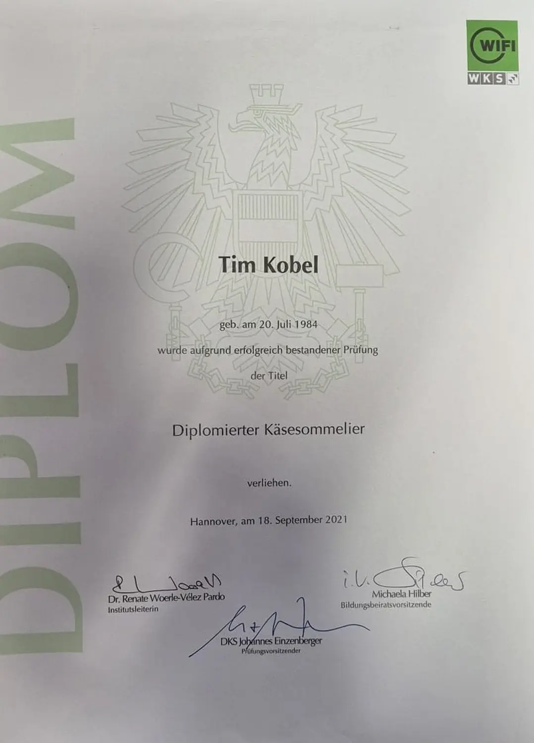 Zertifikat Kobelaise Party & Cateringservice und Käsesommlier