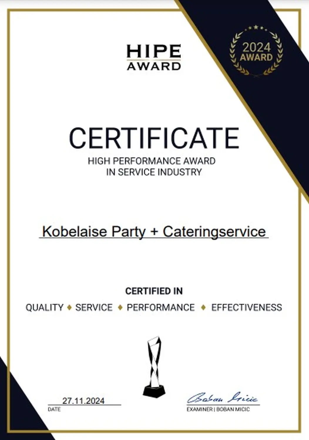 Zertifikat Kobelaise Party & Cateringservice und Käsesommlier